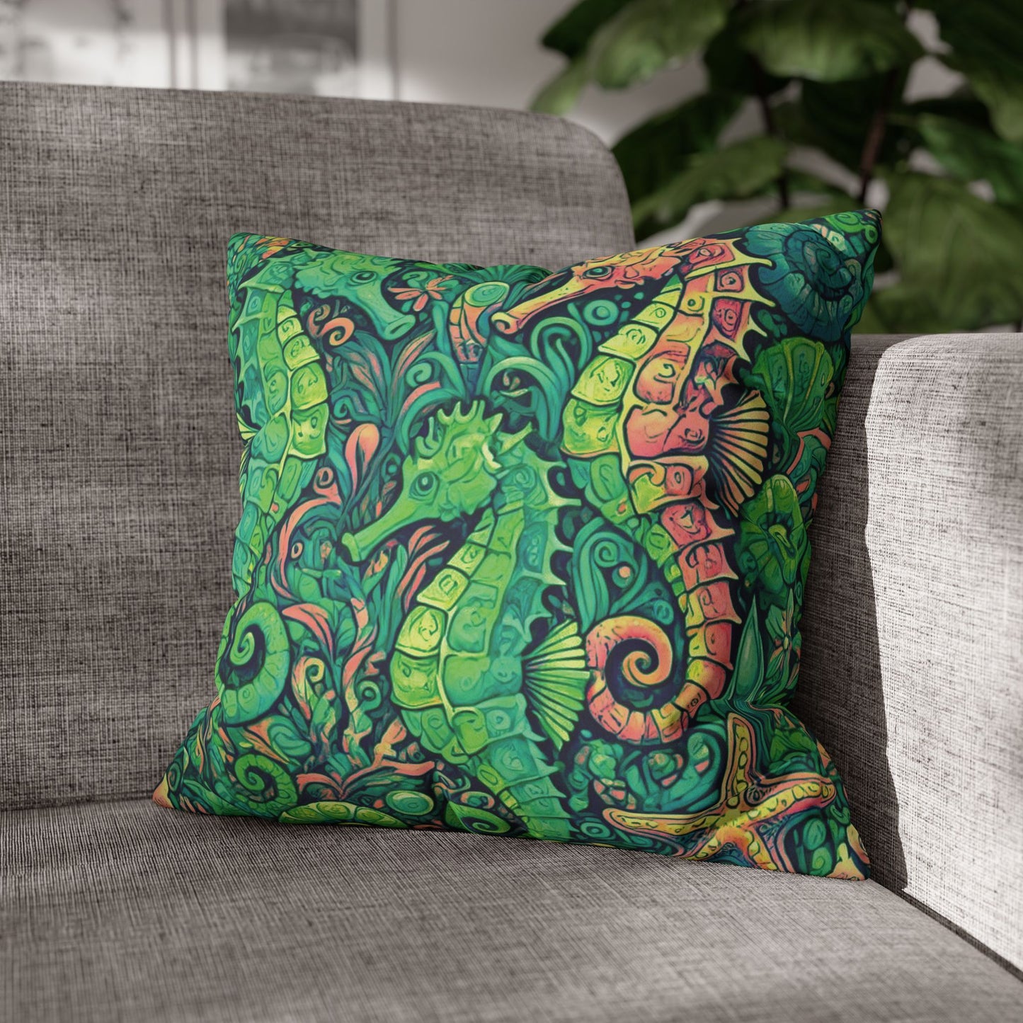 Faux Suede Square Pillowcase - Seahorse Trio/Hot Lime