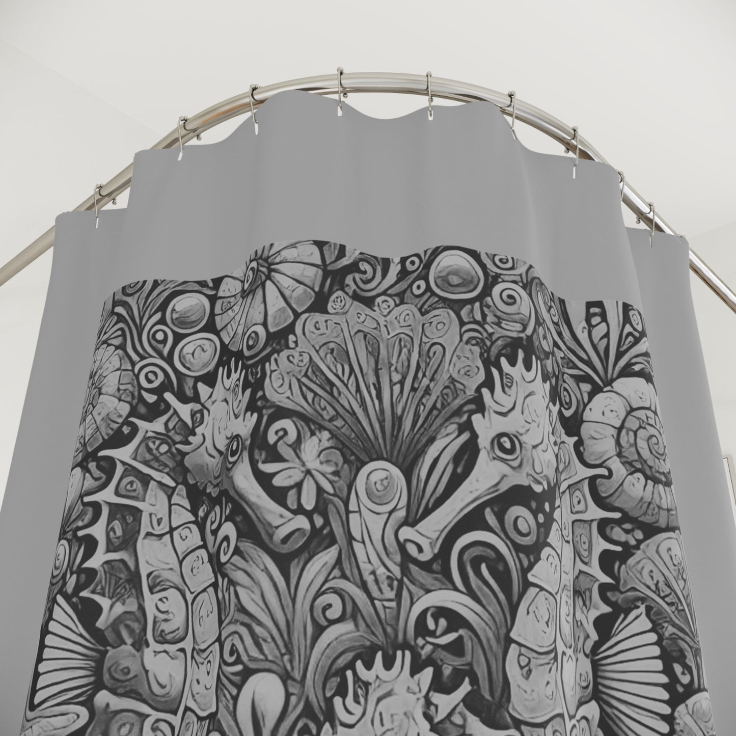 Tropical Shower Curtain - Ocean Bathroom Decor / Seahorse Trio Noir/Lt. Grey