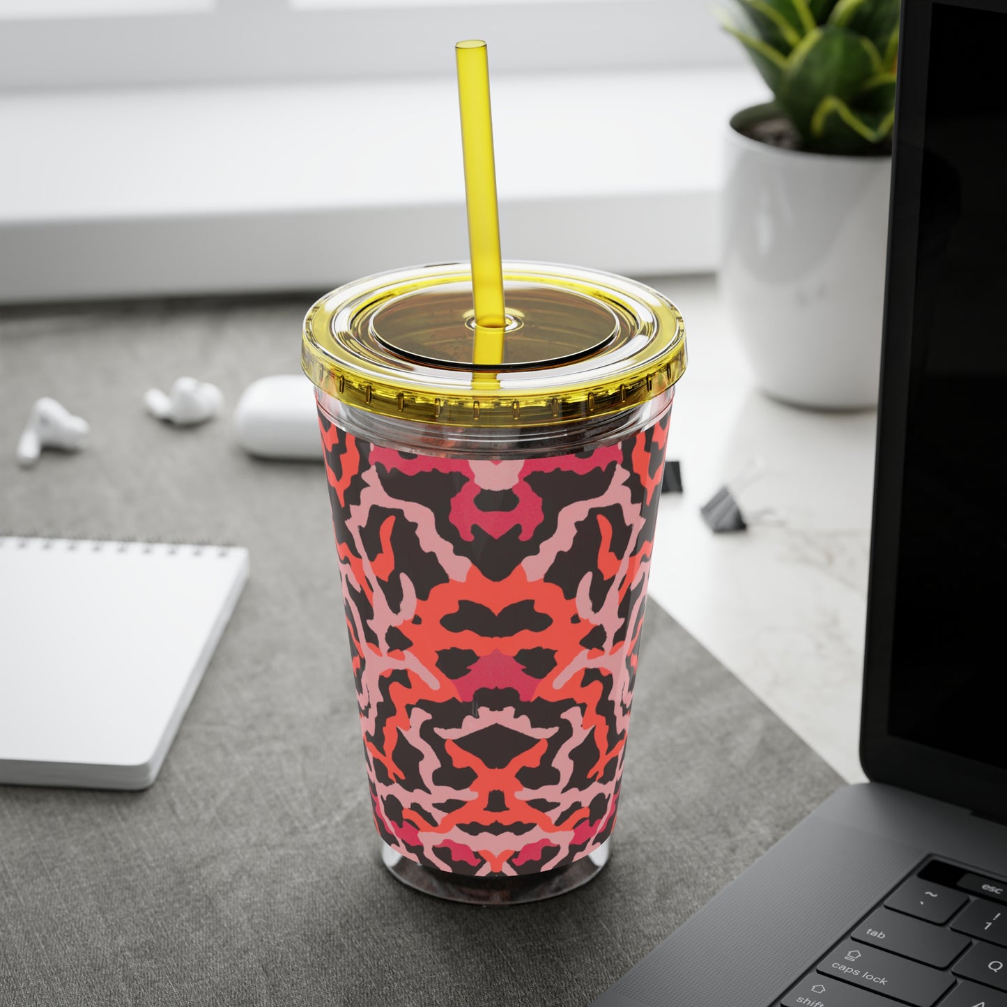 Tropical Tumbler with Straw | 16oz Colorful Travel Cup / Coral Threads, Red
