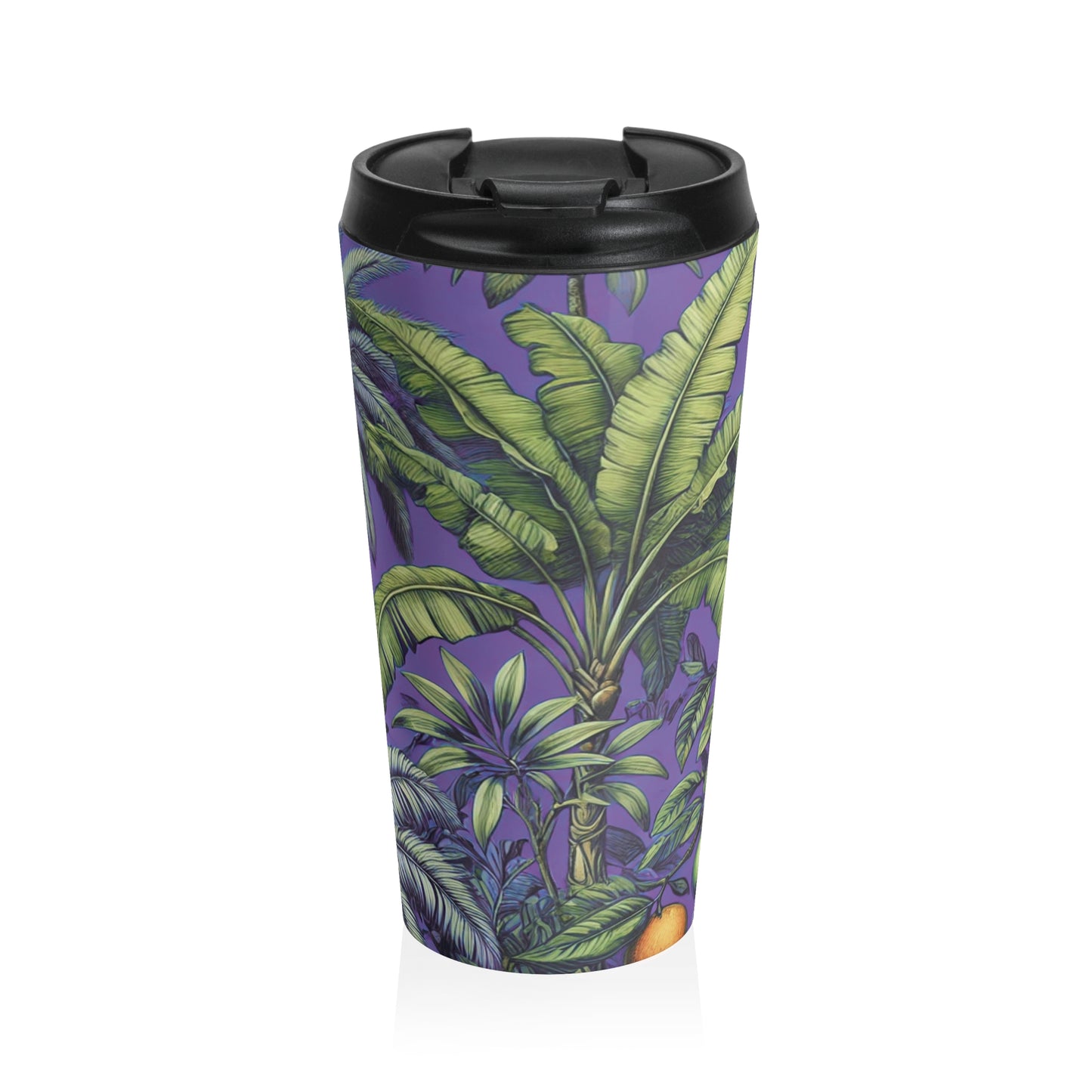15 oz. Stainless Steel Travel Mug / Palms & More Tropical Fruit, Purple