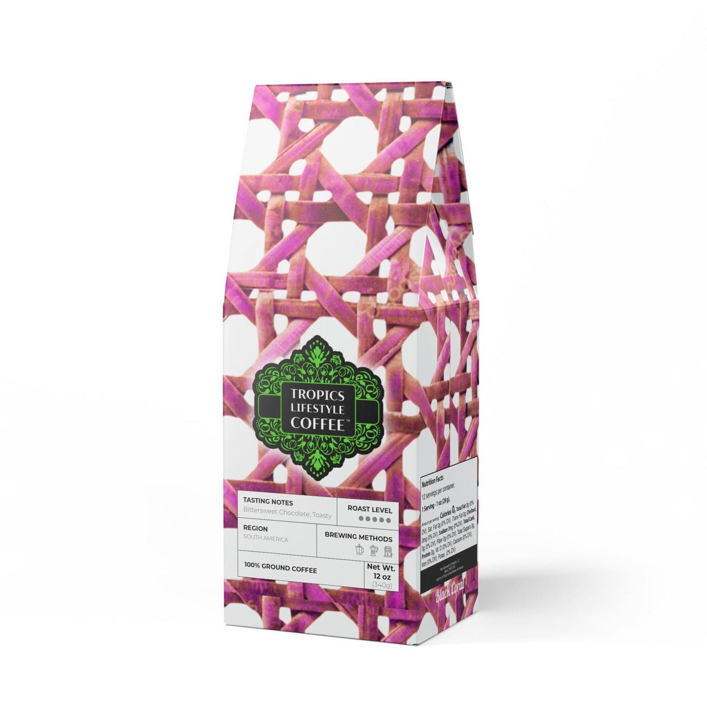 Black Coral Blend™ (Dark French Roast) Specialty Grade Craft Coffee / Chair Wicker, Hibiscus Pink