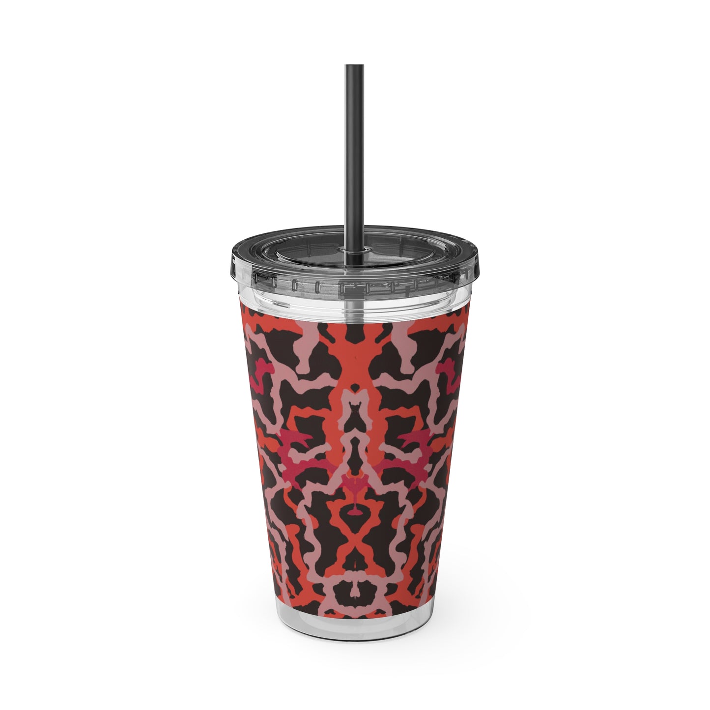 Tropical Tumbler with Straw | 16oz Colorful Travel Cup / Coral Threads, Red