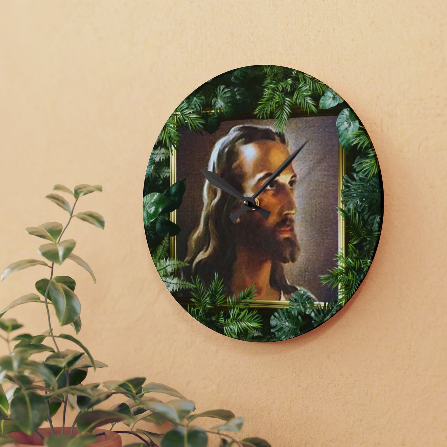 "Tropical Head of Christ" Acrylic Wall Clock - Elegant Religious Decor for Home and Office