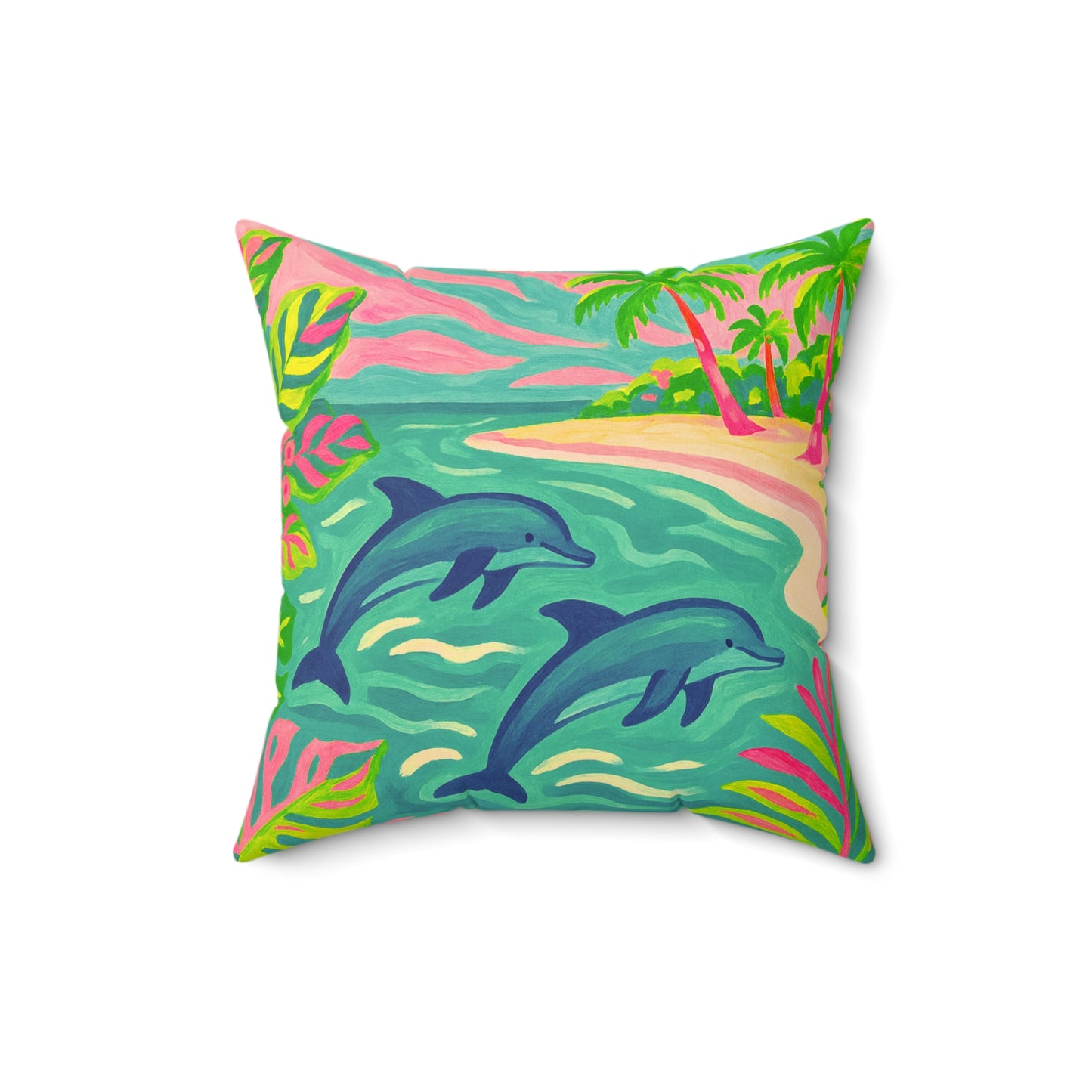 Tropical Pillow, 4 sizes - Colorful Spun Polyester Square Cushion / Jumping Dolphins