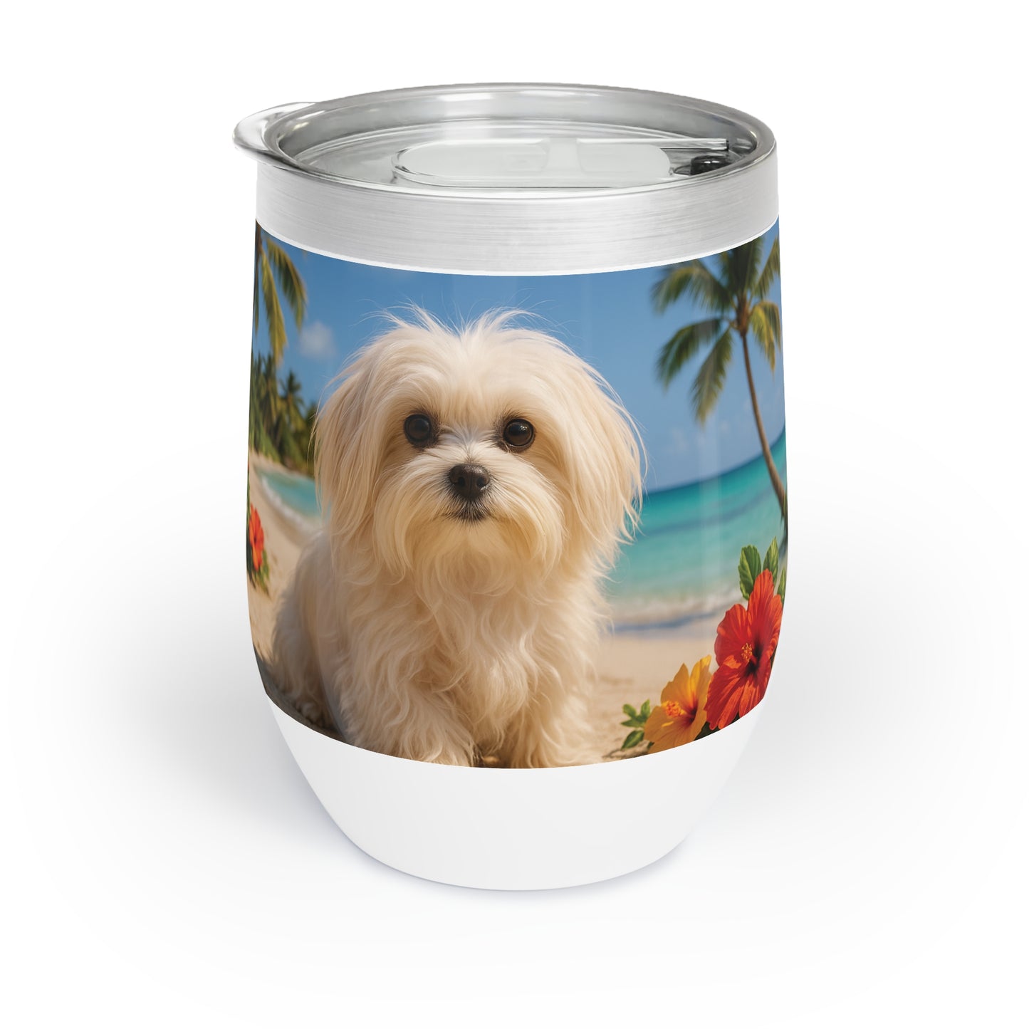 Chill Wine Tumbler with Puppy Ariel at the Beach