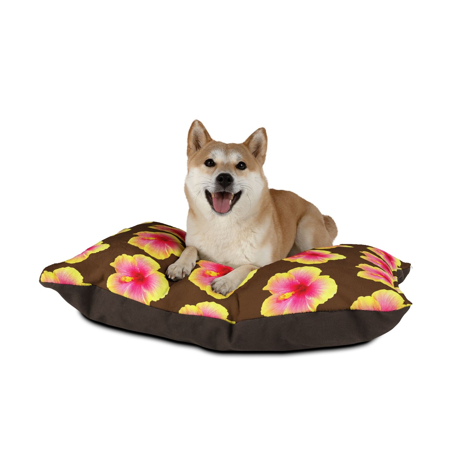 Pet Bed - Cozy and Fun Dog or Cat Bed for Beach Lovers / Real Yellow & Pink Hibiscus/Brown