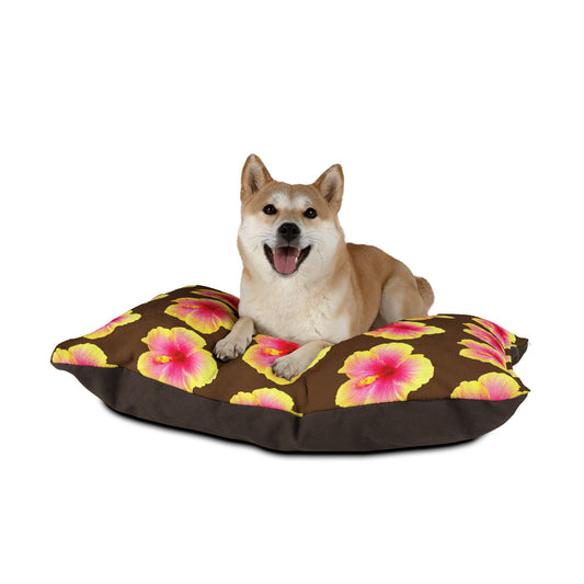 Pet Bed - Cozy and Fun Dog or Cat Bed for Beach Lovers / Real Yellow & Pink Hibiscus/Brown