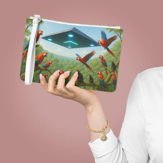 Tropical Faux Leather Clutch Bag - Perfect for Beach Adventures & Summer Vacations / UFO and Macaws