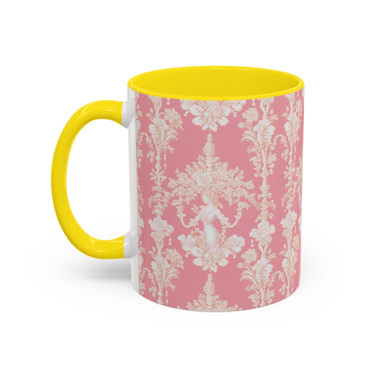 Accent Coffee Mug (11, 15oz), Pearl Lady Toile/Hibiscus Pink Repeat, Various Colors