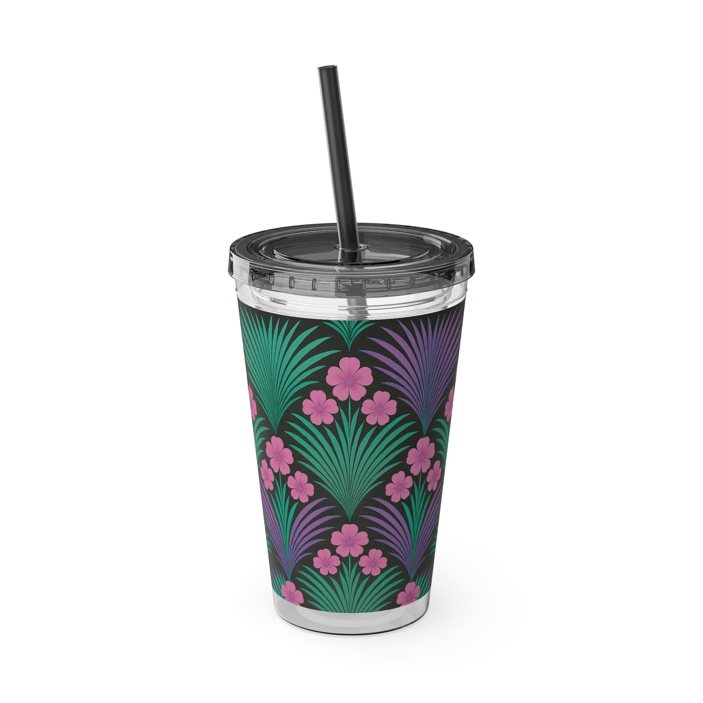 Tropical Tumbler with Straw | 16oz Colorful Travel Cup / Midnight Hibiscus Deco, Pink