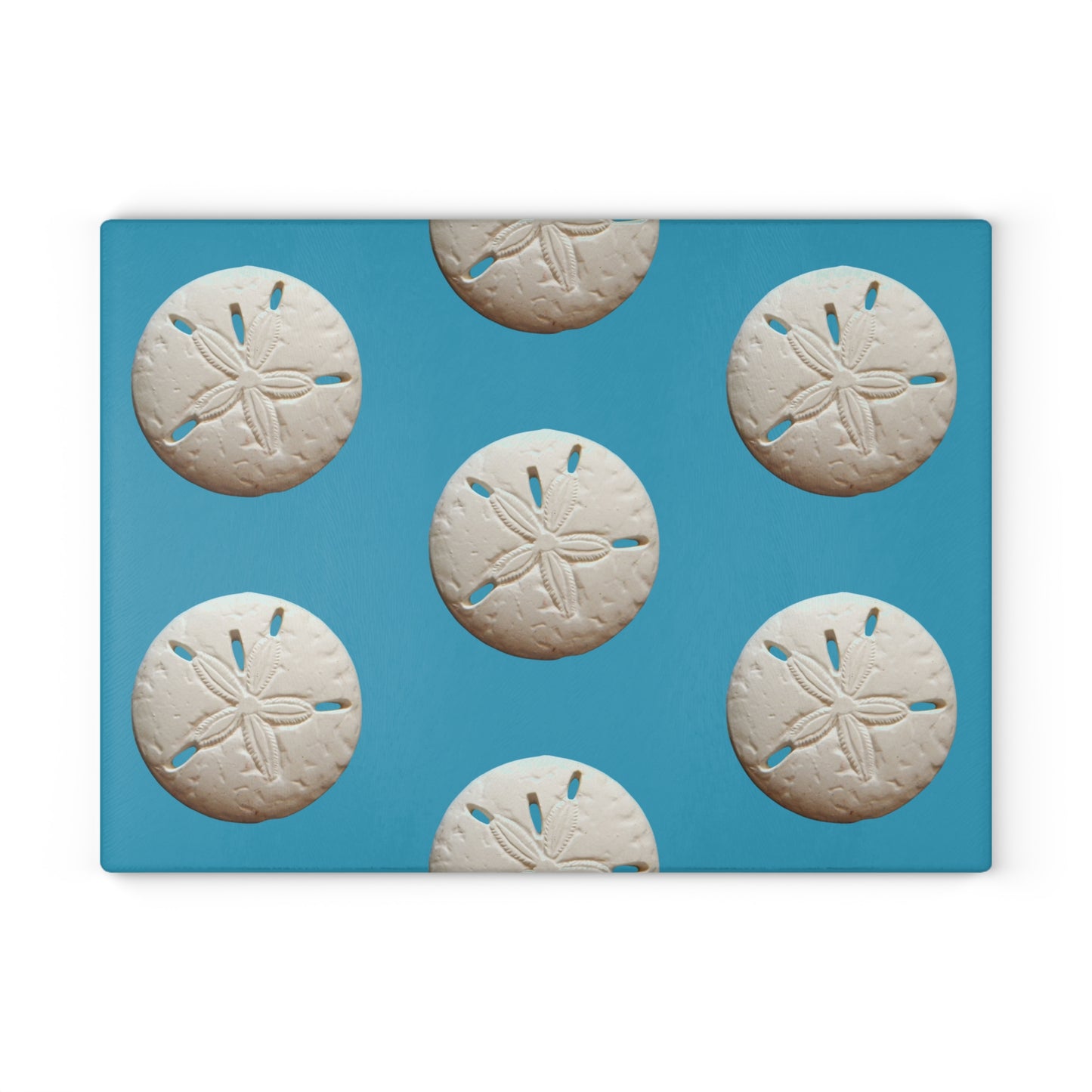 Glass Cutting Board, 2 sizes - White Sand Dollar/Turquoise