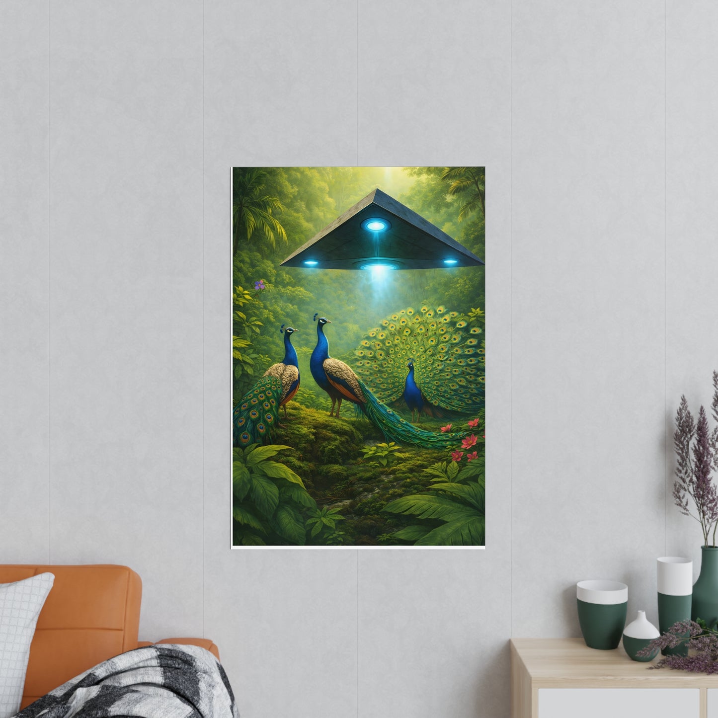 Photopaper Poster — UFO & Peacocks Sci‑Fi Wall Art