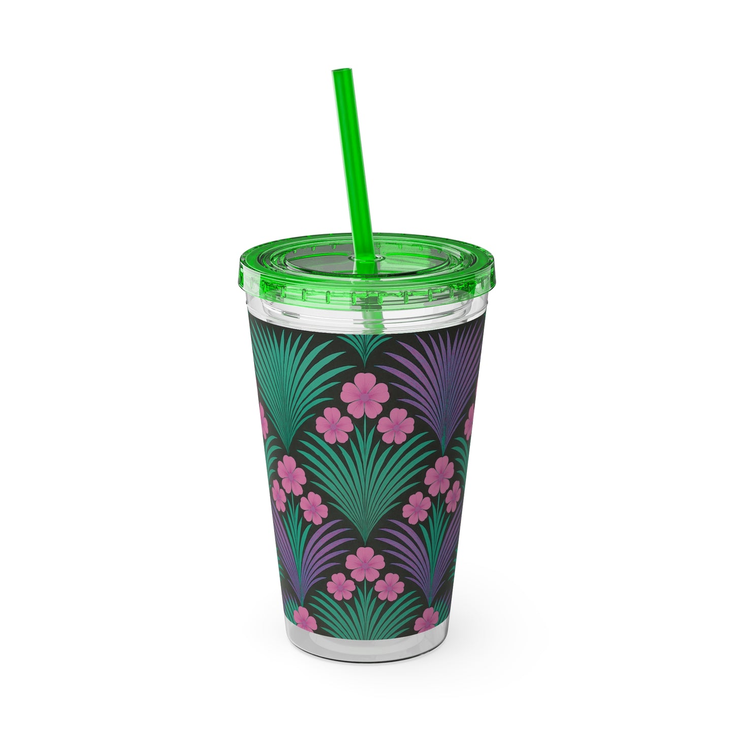 Tropical Tumbler with Straw | 16oz Colorful Travel Cup / Midnight Hibiscus Deco, Pink