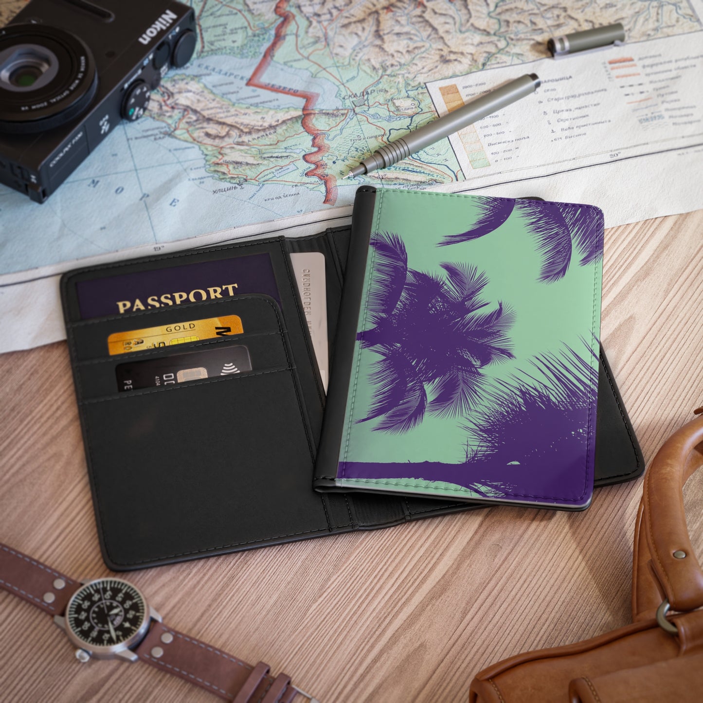 Tropical Passport Cover, Faux Leather - RFID blocking for travel security / Palm Glow, Minty