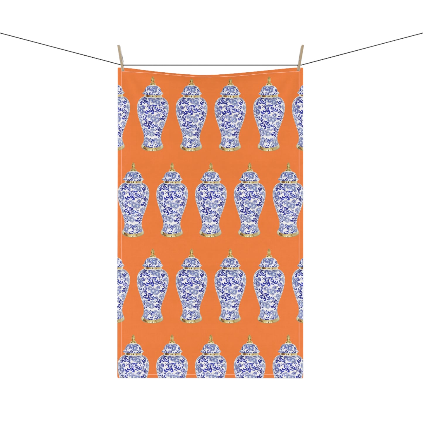 TeaTowels (cotton, poly), Blue and Gold Ginger Jar repeat medium orange