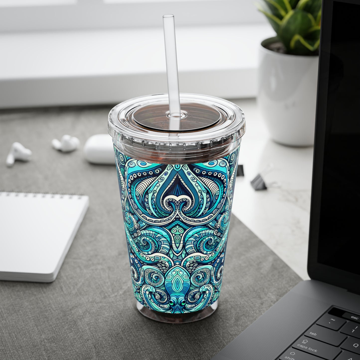 Tropical Tumbler with Straw | 16oz Colorful Travel Cup / Aqua Octopus