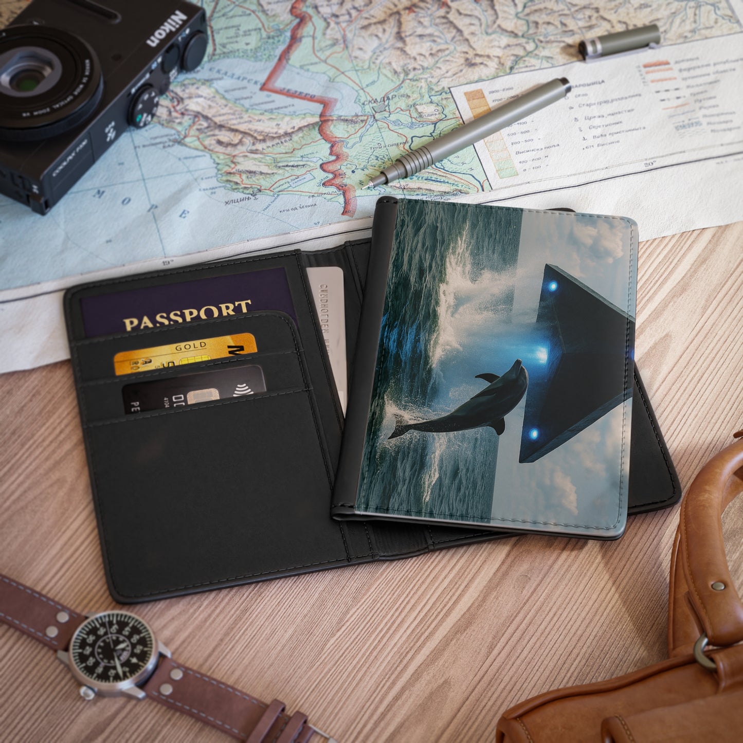 Tropical Passport Cover, Faux Leather - RFID blocking for travel security / UFO and Dolphin