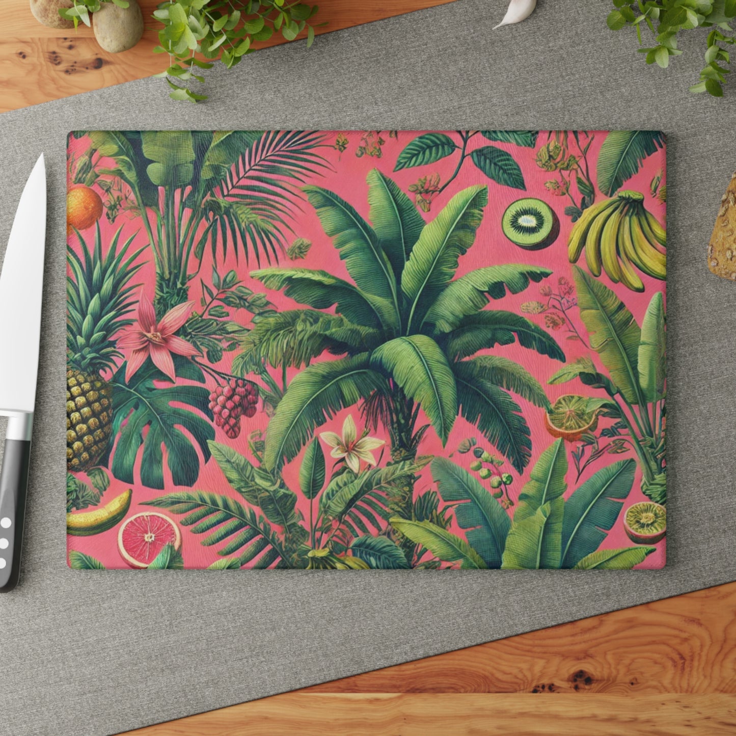 Glass Cutting Board, 2 sizes - Tropical Fruits, Pink