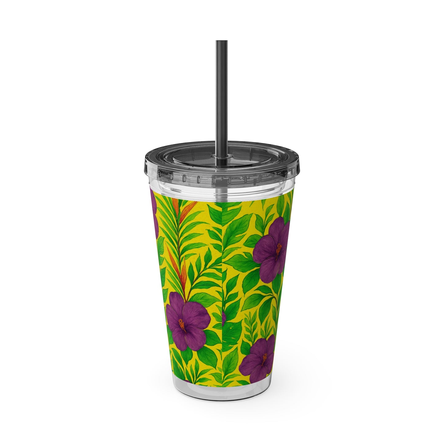 Tropical Tumbler with Straw | 16oz Colorful Travel Cup / Midnight Flower Yellow