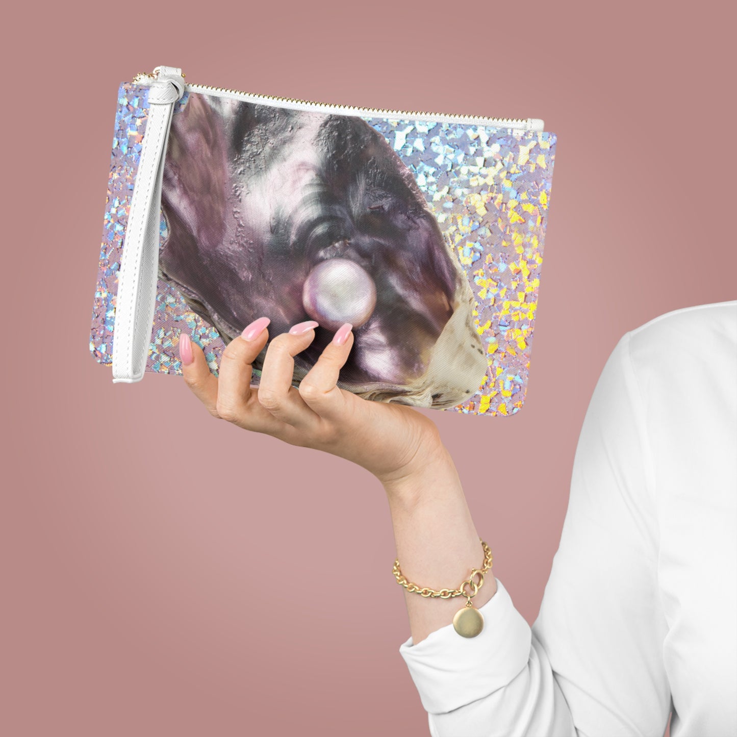 Tropical Faux Leather Clutch Bag - Perfect for Beach Adventures & Summer Vacations / Disco FW Lavender Pearl Oyster