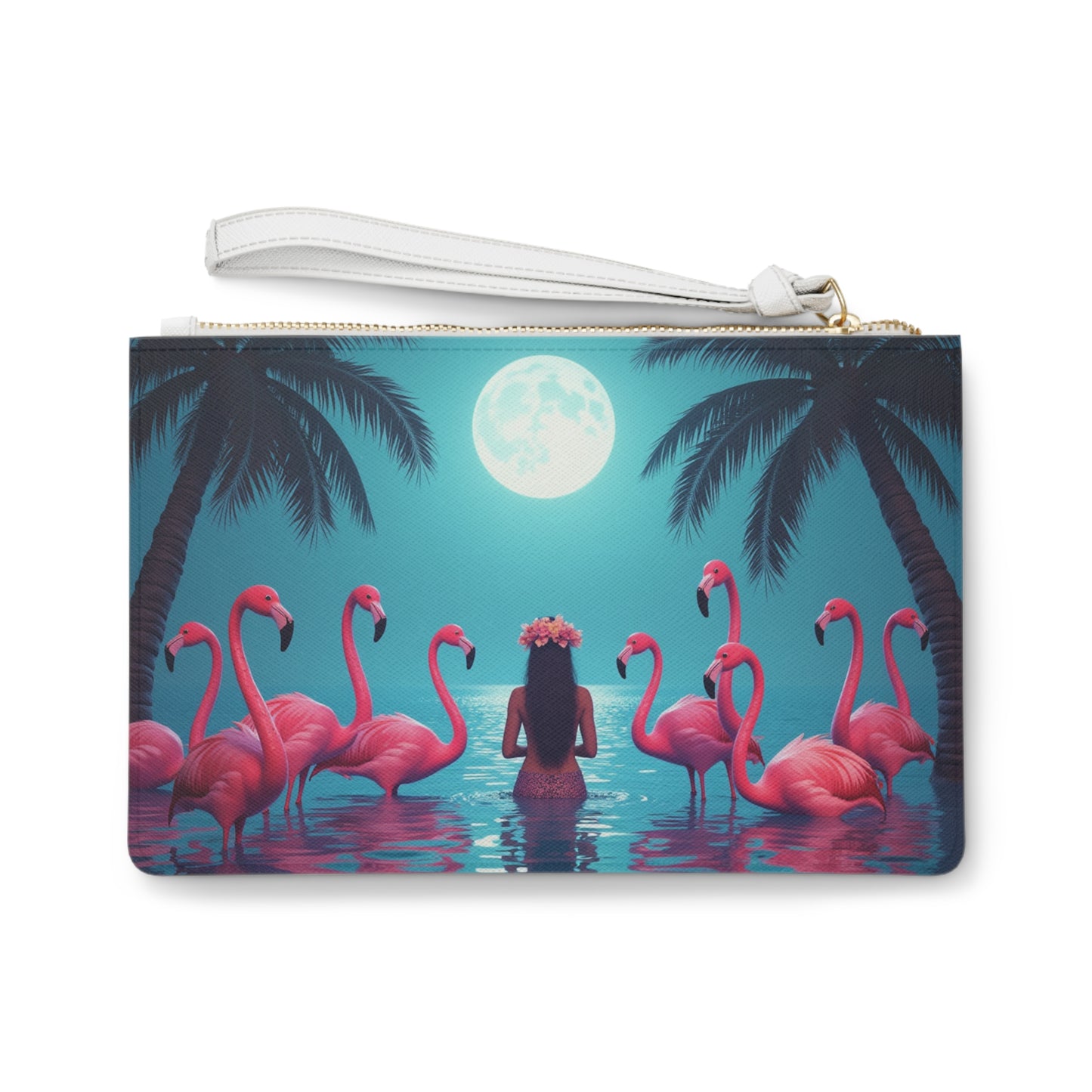 Tropical Faux Leather Clutch Bag - Perfect for Beach Adventures & Summer Vacations / Moonlit Mermaid and Flamingos
