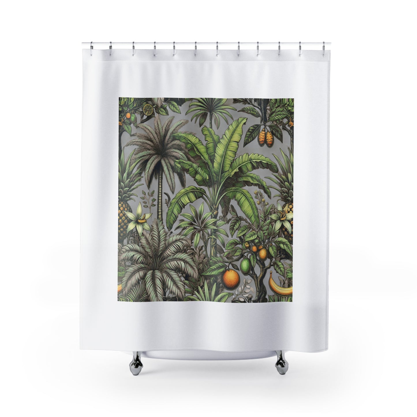 Palm Tree Shower Curtain - Ocean Bathroom Decor / Tropical Fruit/Grey, White