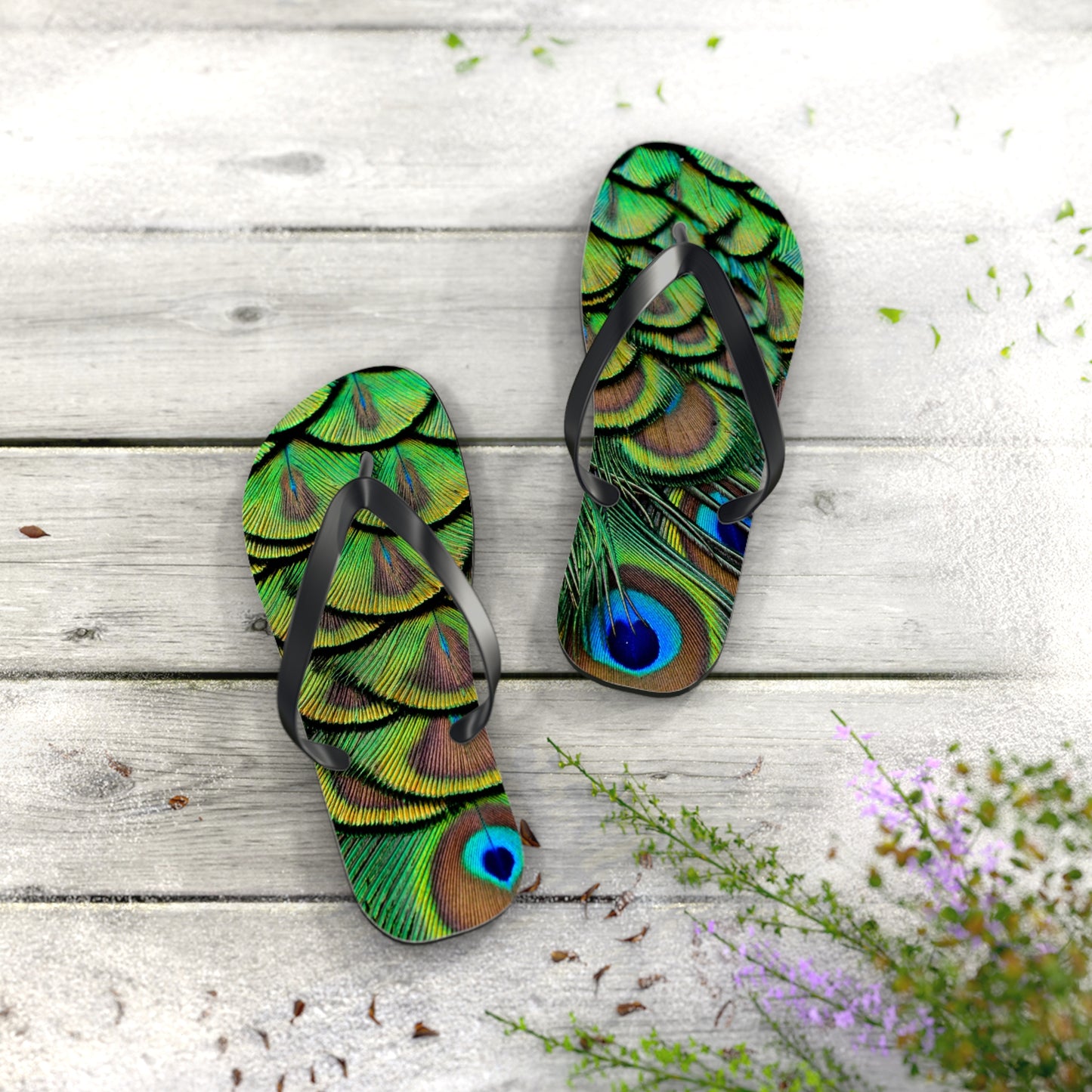 Flip Flops - Brilliant Green Peacock Feathers