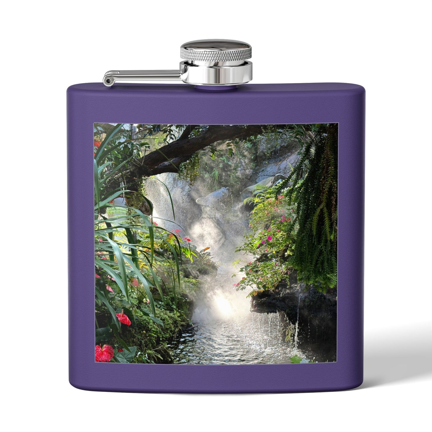 Tropical Stainless Steel 6 oz. Flask, Many Colors  – Misty Rainforest River