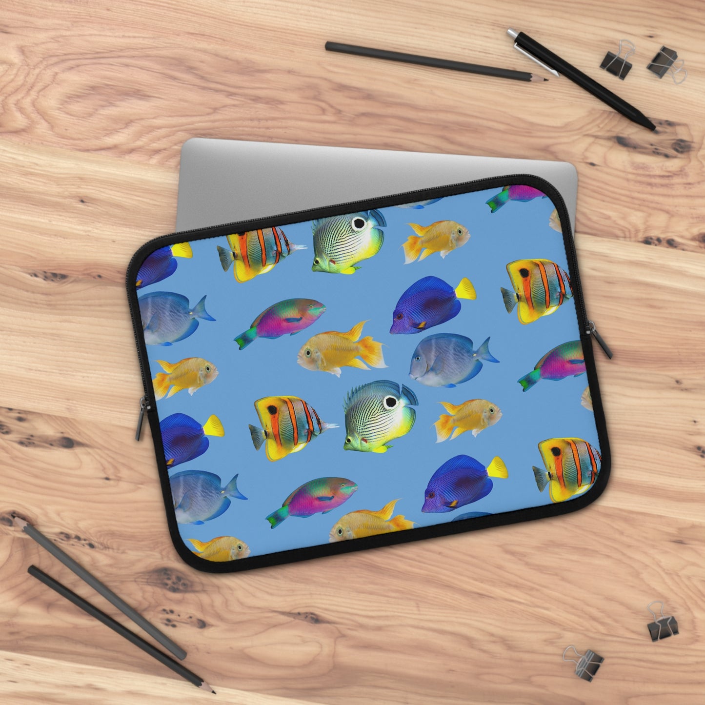 Tropical Laptop Sleeve, 5 Sizes - Perfect for Ocean Lovers & Students / School of Fish, Light Blue