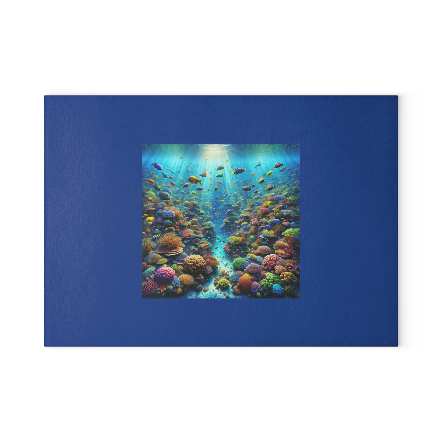 Glass Cutting Board, 2 sizes - Busy Coral Reef/Dark Blue