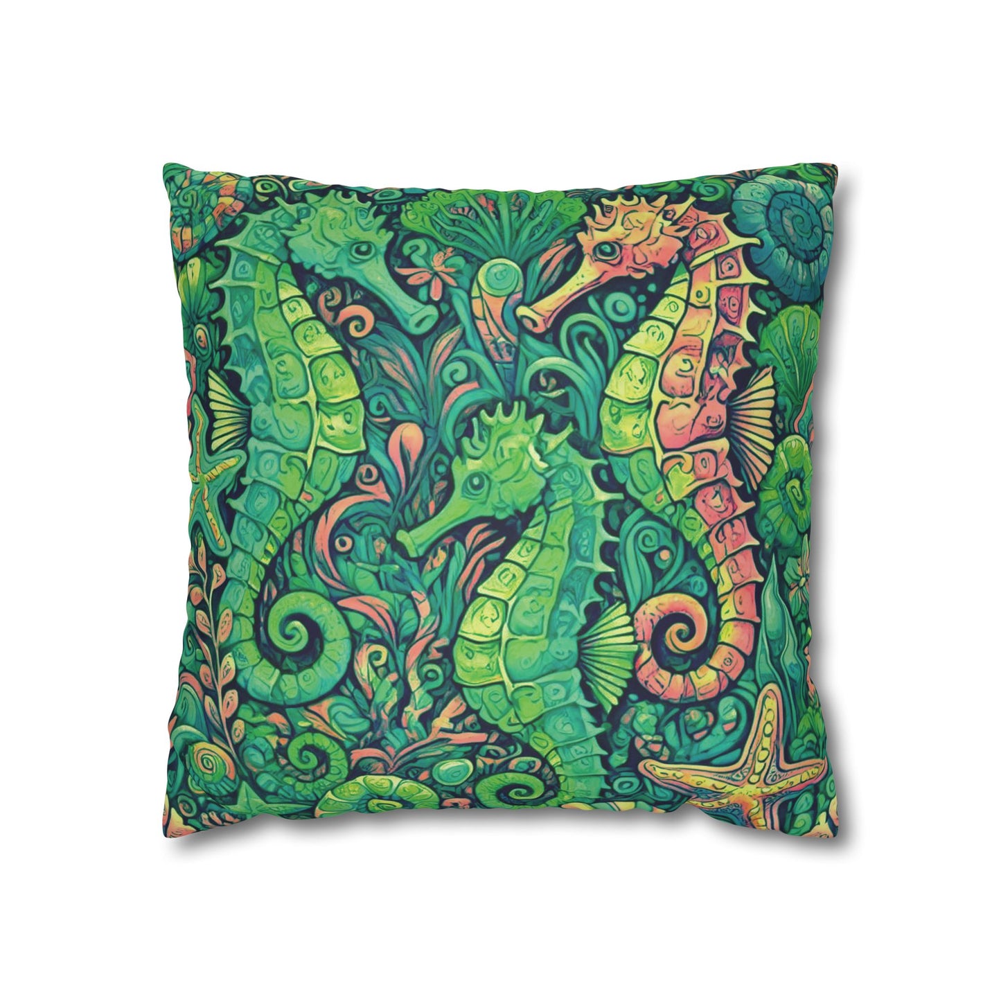 Faux Suede Square Pillowcase - Seahorse Trio/Hot Lime