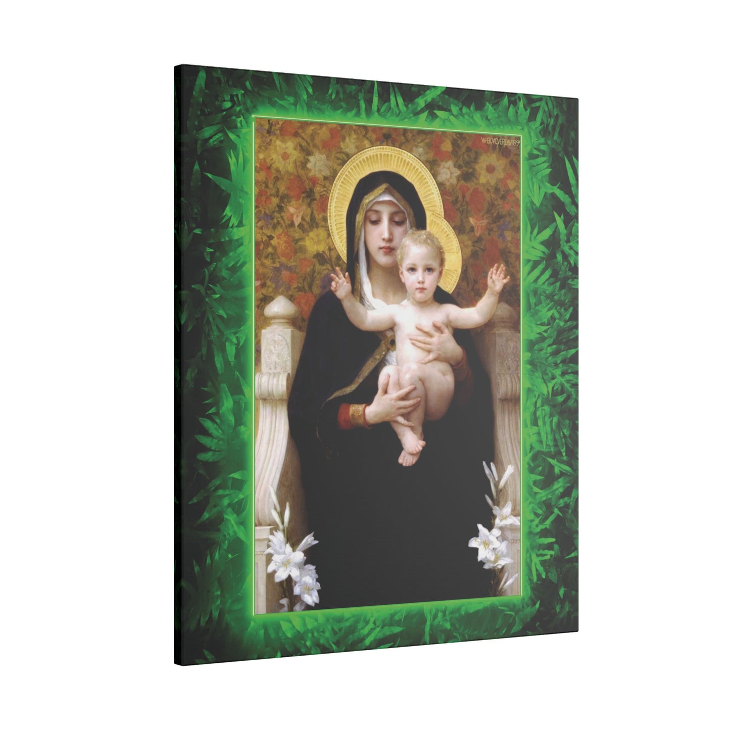 "Tropical Rainforest Madonna of Lilies" Religious Canvas Artwork - Stretched Canvas Print / Virgin Mary & Jesus