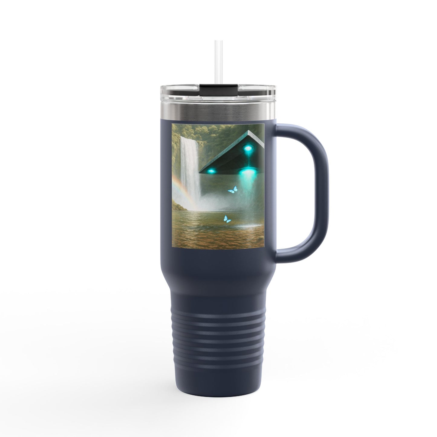 Insulated Travel Mug, 40oz / UFO and Waterfall in Rainforest