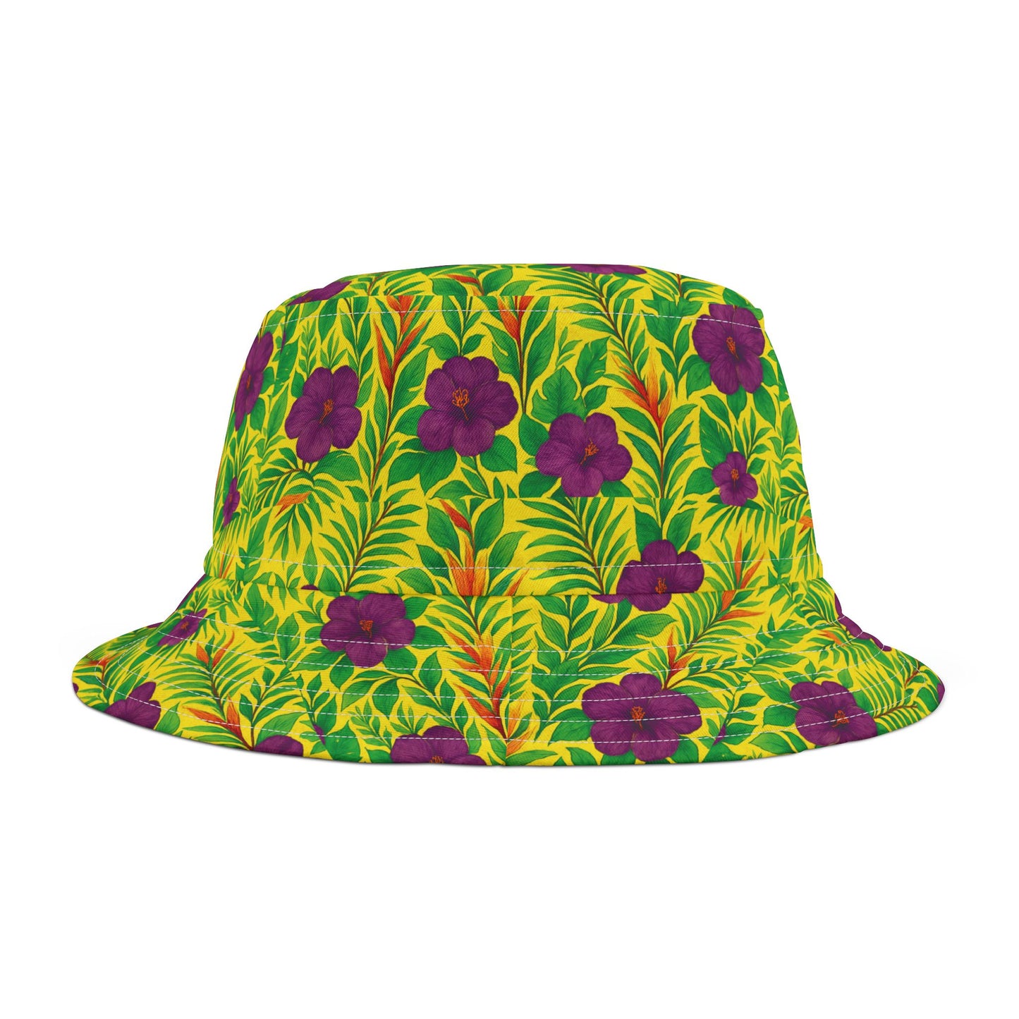 Tropical Polyester Bucket Hat, 2 Sizes - Midnight Flower Yellow