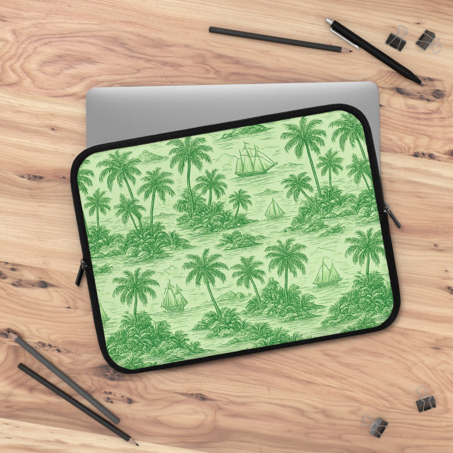 Tropical Laptop Sleeve, 5 Sizes - Perfect for Beach Lovers & Students / Faraway Toile, Green