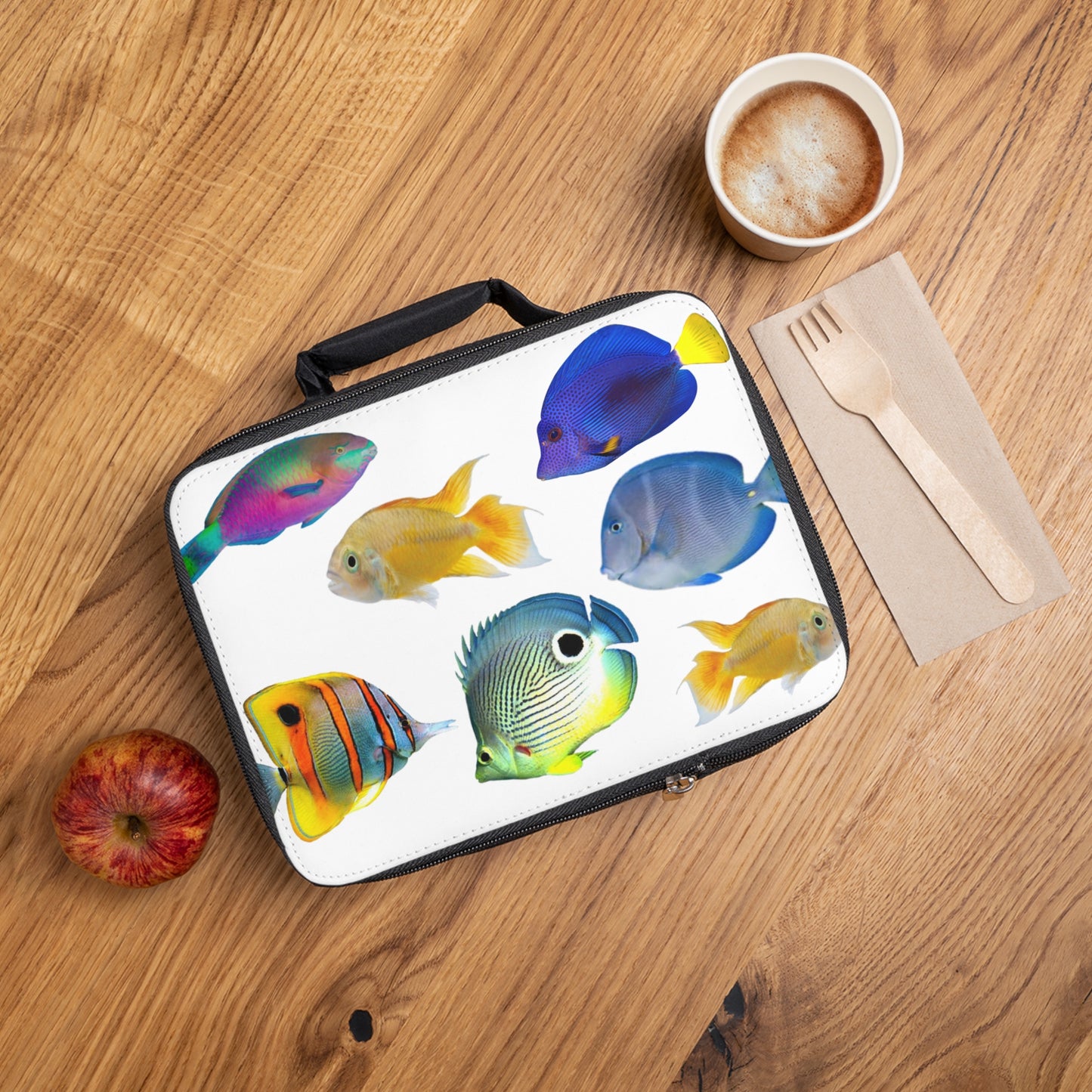 School of Fish/White Lunch Bag - Eco-Friendly Insulated Tote, Adult and Child Lunchbox / Perfect for Picnics, Beach Outings
