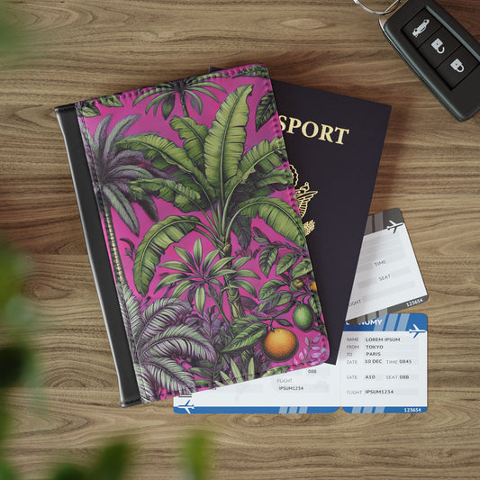 Tropical Passport Cover, Faux Leather - RFID blocking for travel security / Tropical Fruit, Hot Pink