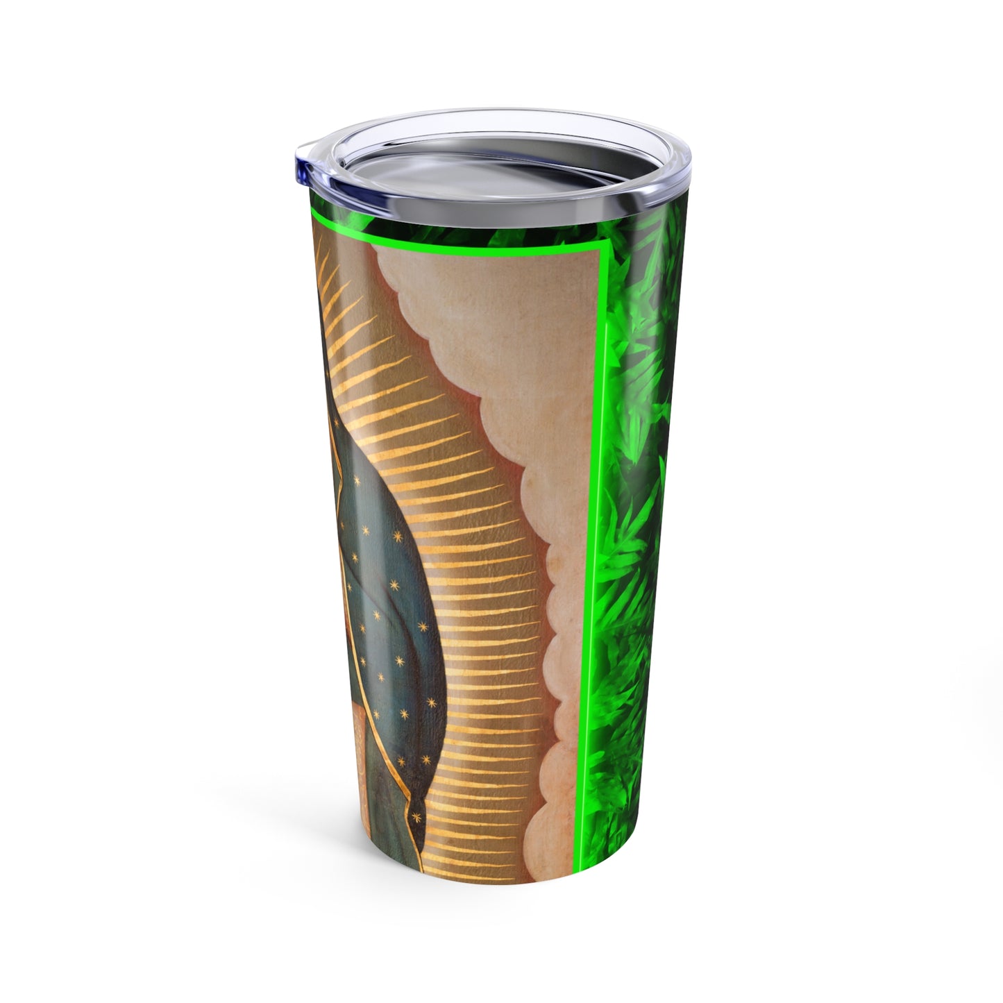 Religious Tumbler 20oz, Green, Tropical Glow Our Lady of Guadalupe