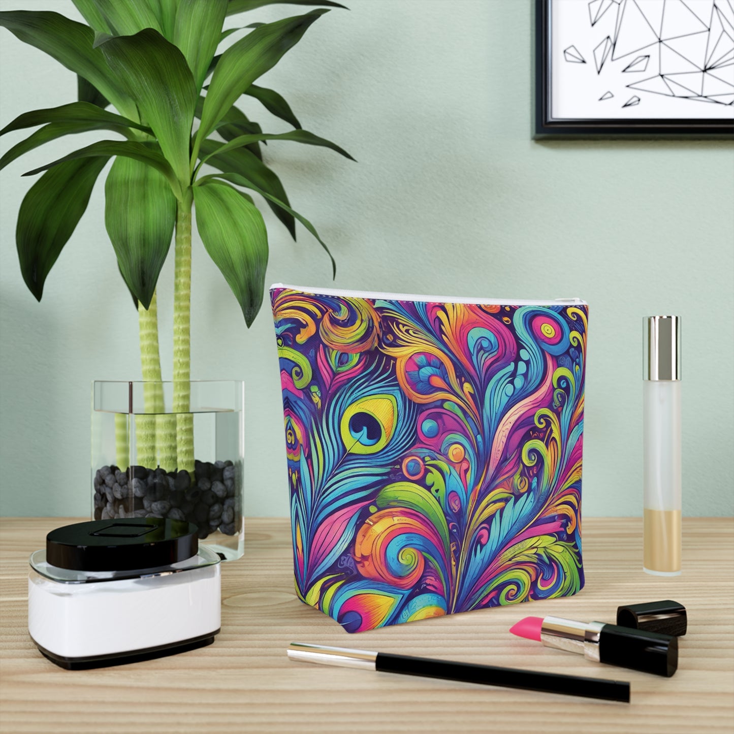 Tropical Cotton Cosmetic Bag, Makeup Pouch, 5 Sizes / Feather Currents