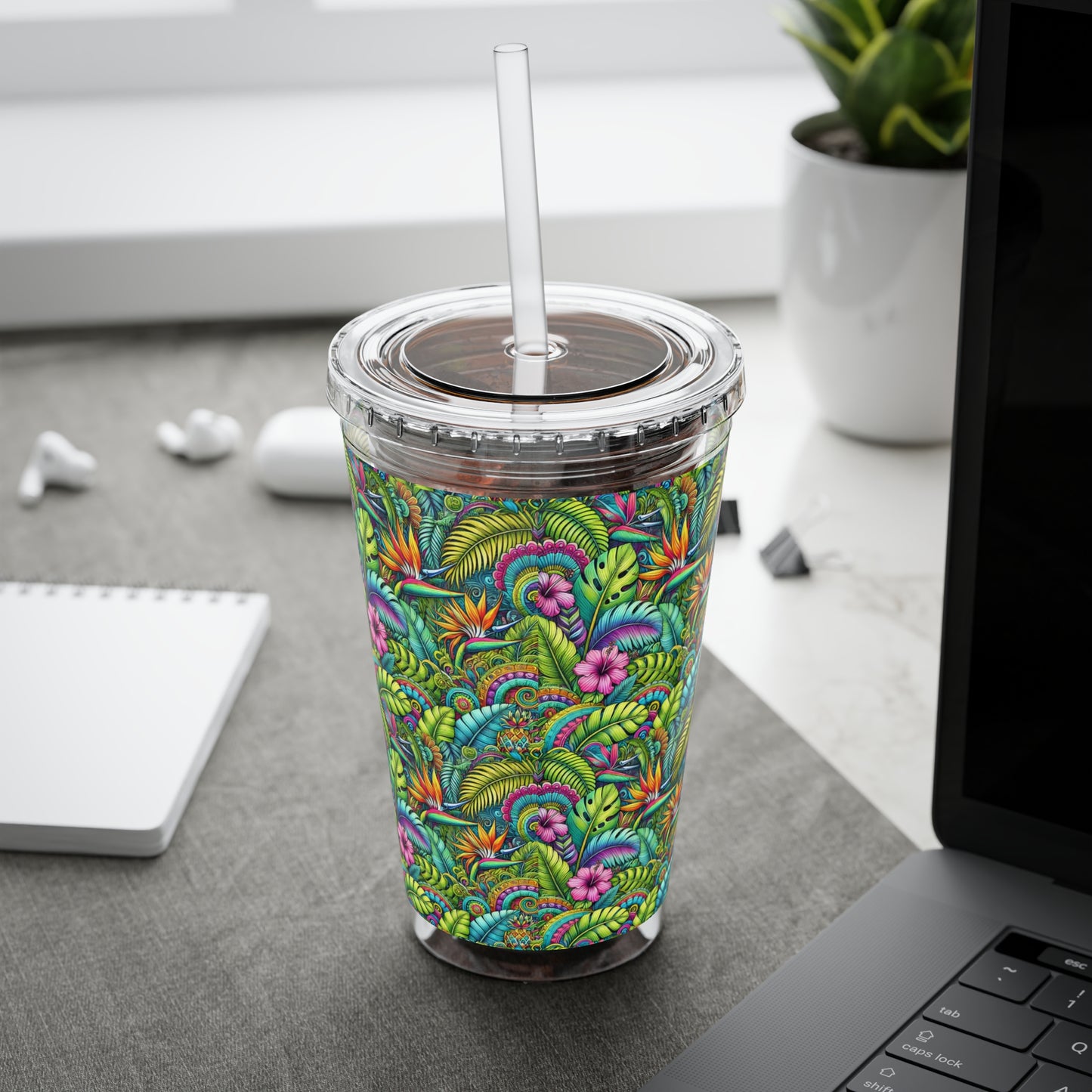 Tropical Tumbler with Straw | 16oz Colorful Travel Cup / Rainforest Blooms