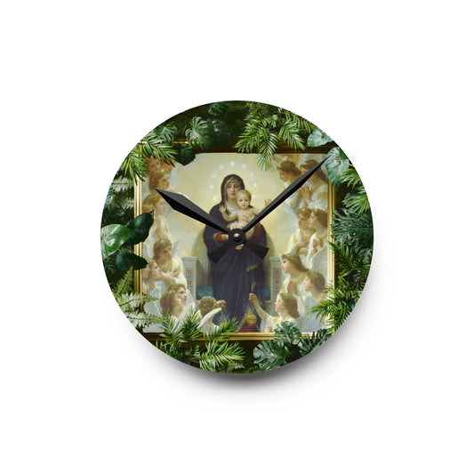 "Tropical Mary With the Angels"  Acrylic Wall Clock - Elegant Religious Decor for Home and Office