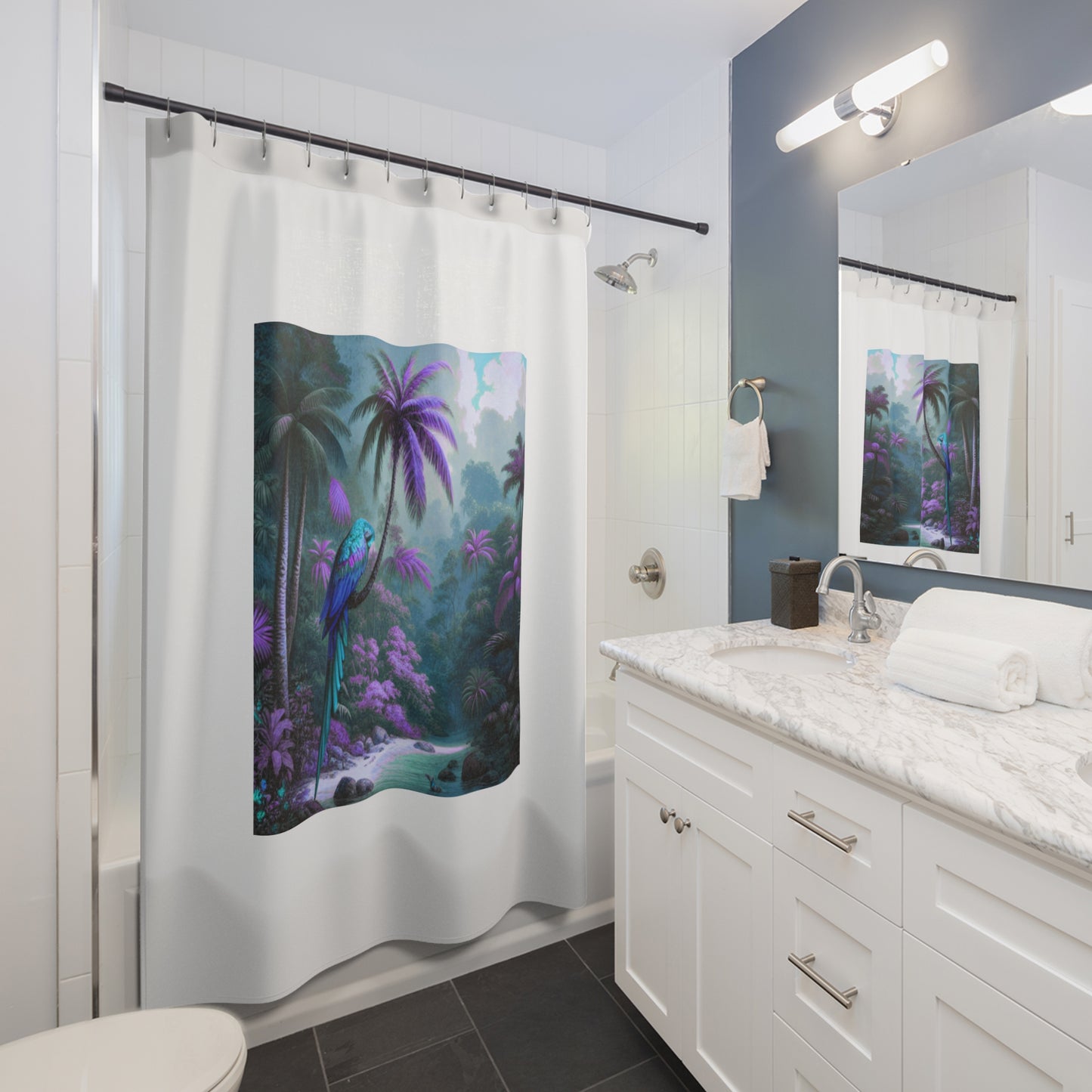 Tropical Shower Curtain - Rainforest Bathroom Decor / Sleeping Beauty Parrot Fantasy, White