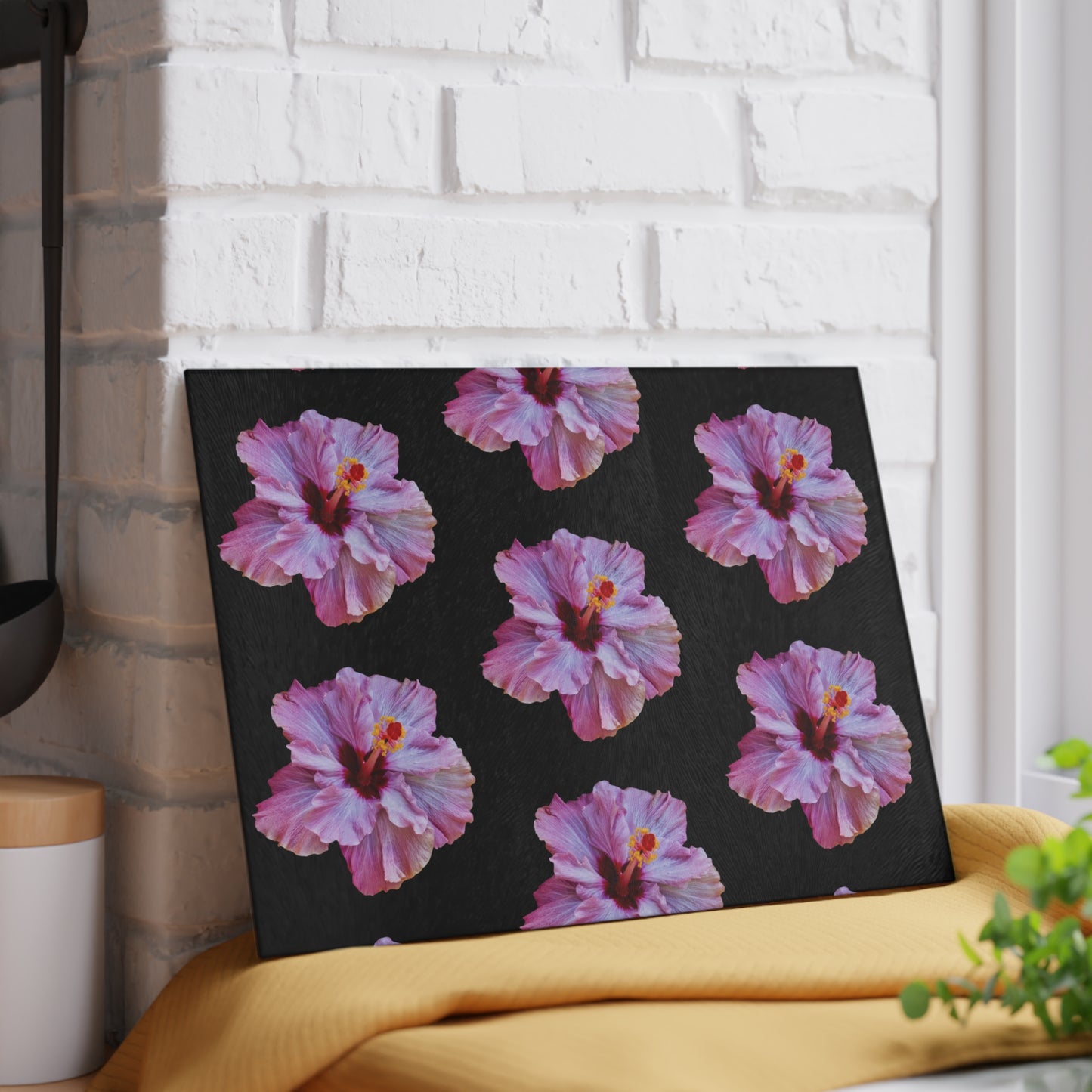 Glass Cutting Board, 2 sizes - Real Purple Hibiscus/Black