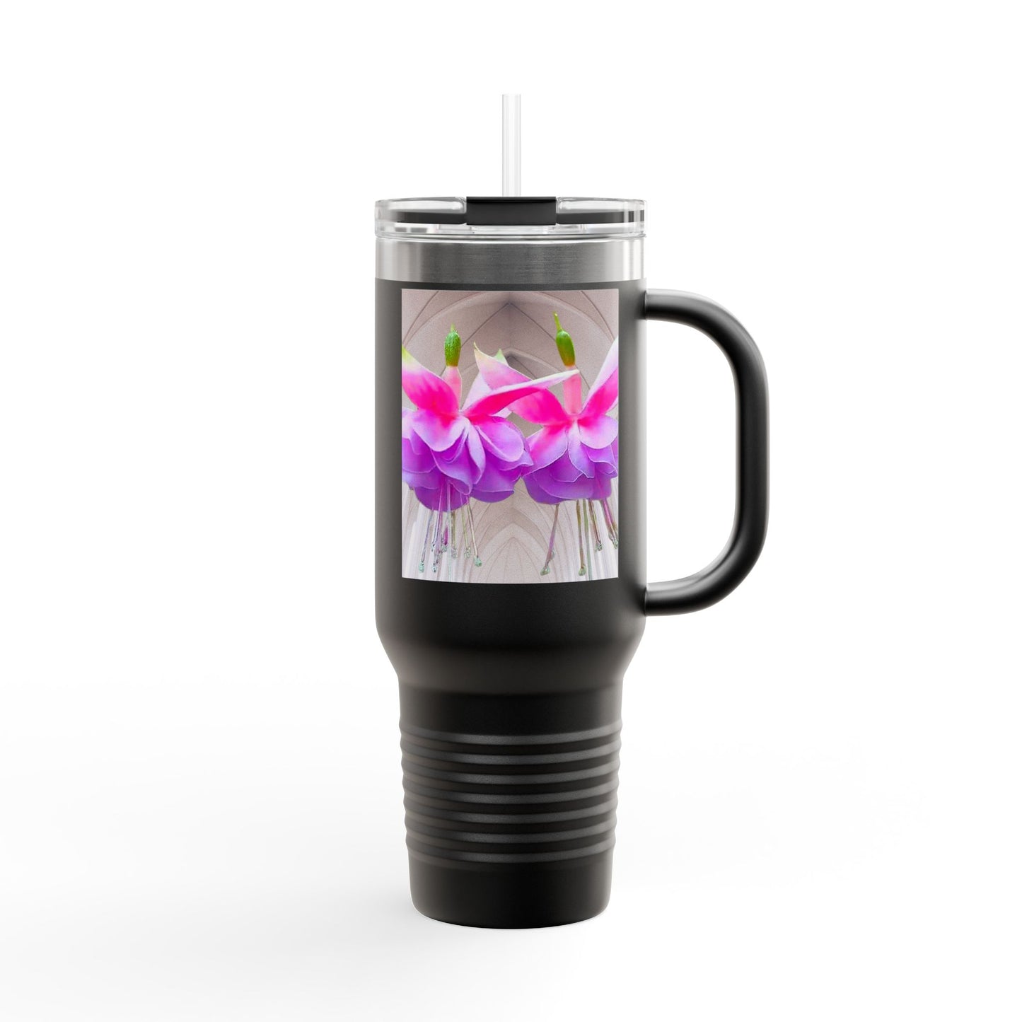 Insulated Travel Mug, 40oz / Floral Two Fuchsias, Gothic - Perfect for Outdoor Adventures
