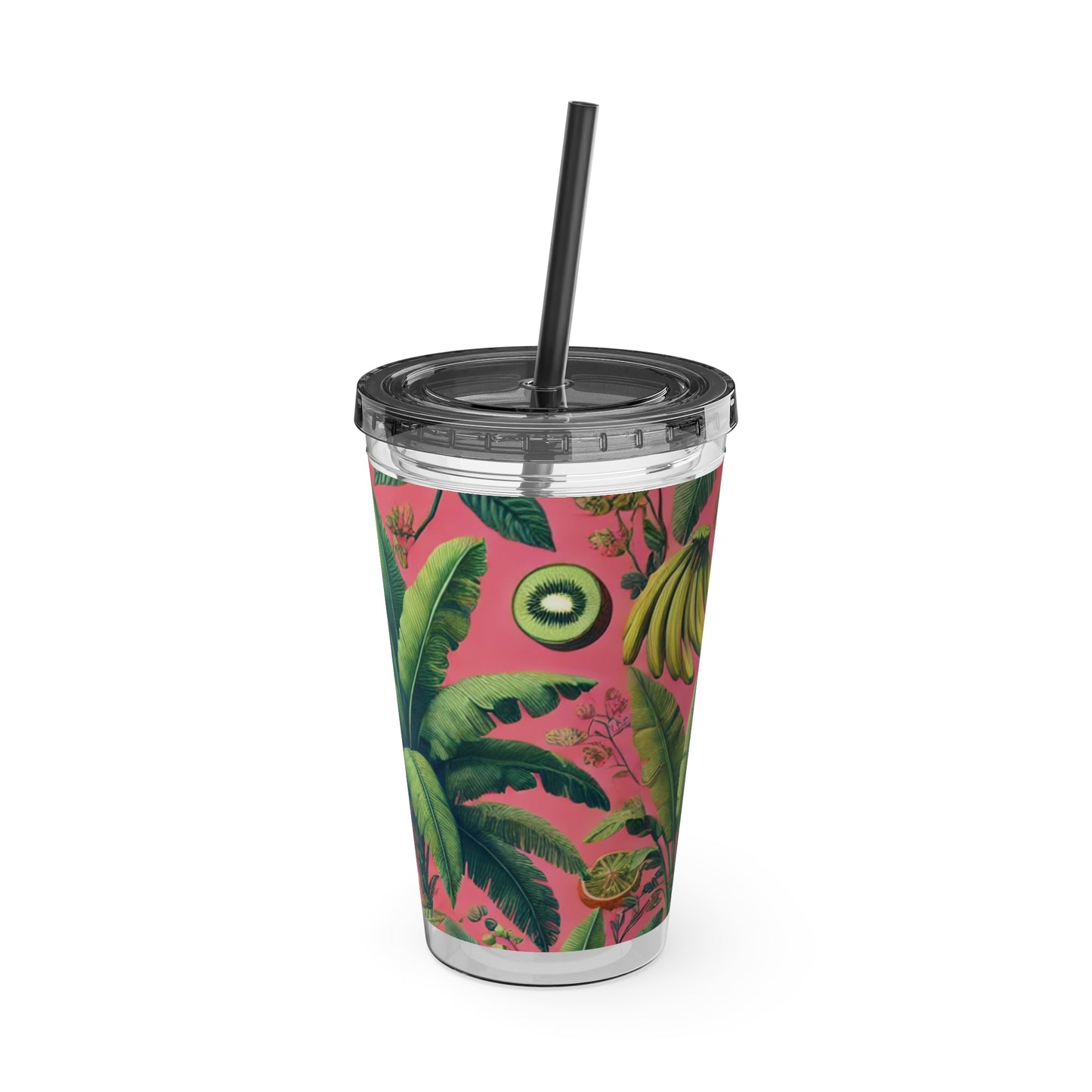 Tropical Tumbler with Straw | 16oz Colorful Travel Cup / More Tropical Fruit, Coral