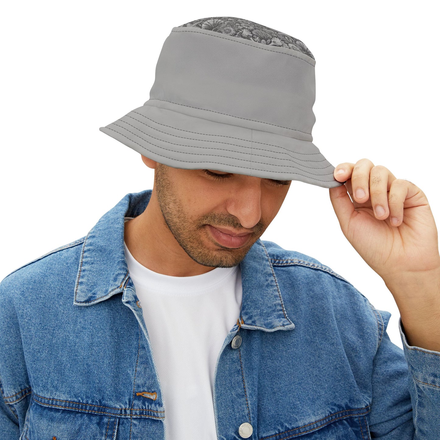 Tropical Polyester Bucket Hat, 2 Sizes - Seashorses Noir/Lt. Grey
