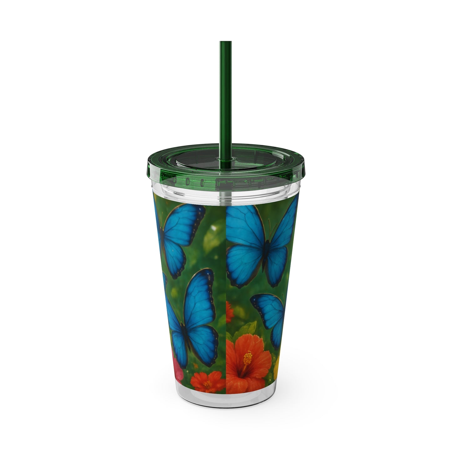 Tropical Tumbler with Straw | 16oz Colorful Travel Cup / Morpho Butterflies Flight
