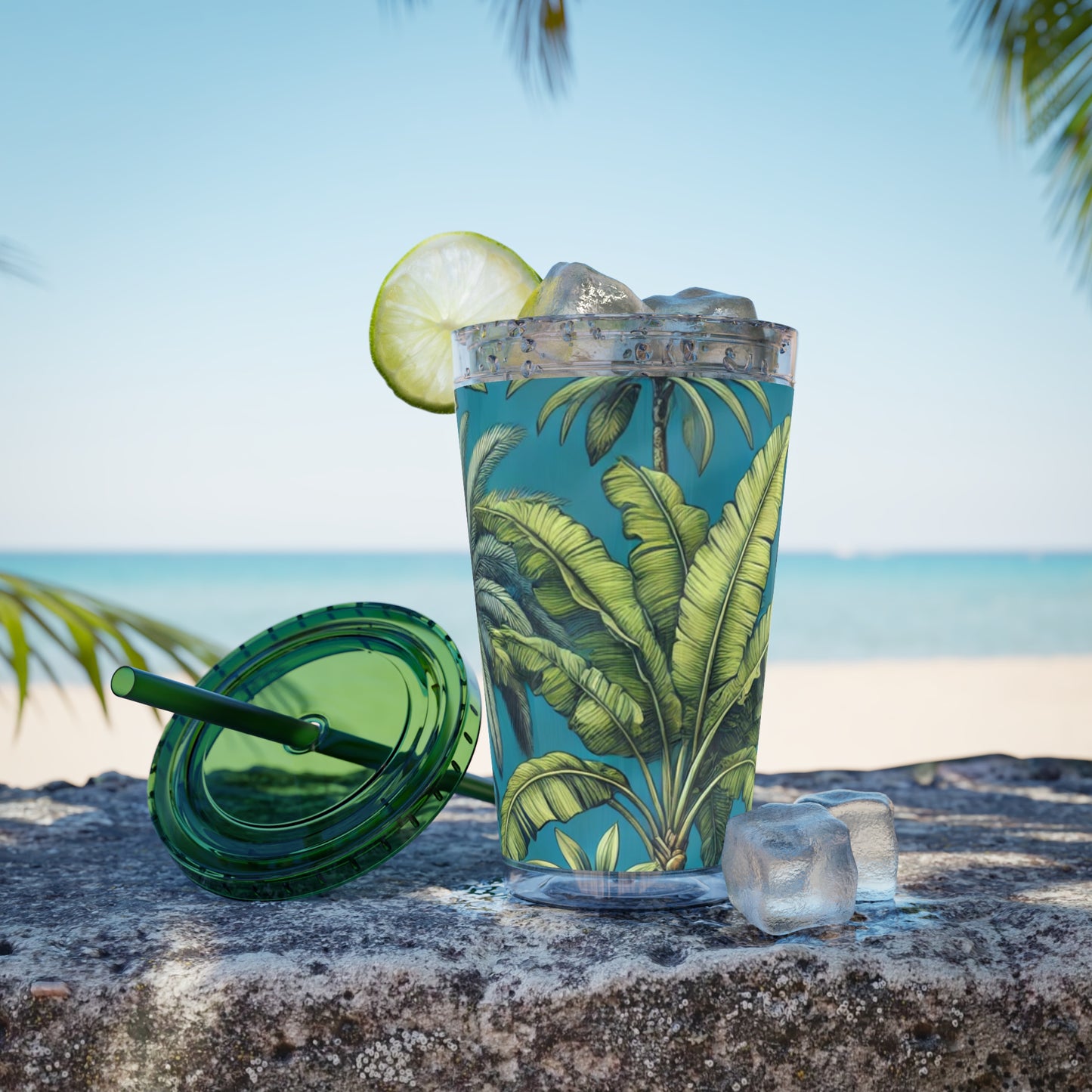 Tropical Tumbler with Straw | 16oz Colorful Travel Cup / Tropical Fruit Blue