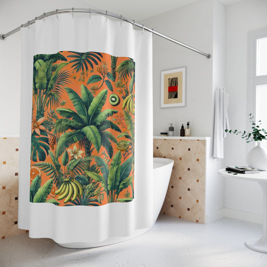 Palm Tree Shower Curtain - Ocean Bathroom Decor / Tropical Fruit/Orange, White