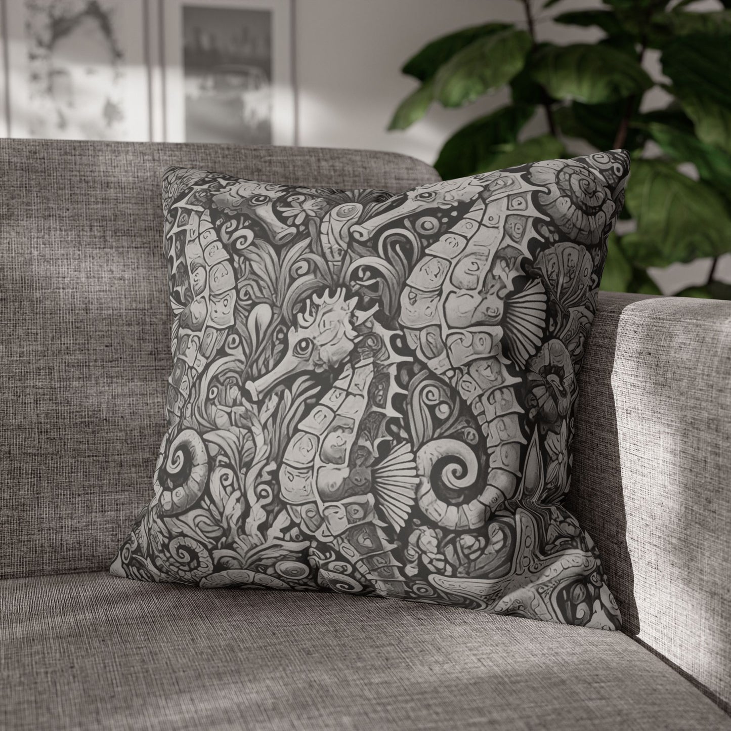 Faux Suede Square Pillowcase - Seahorse Trio, Noir